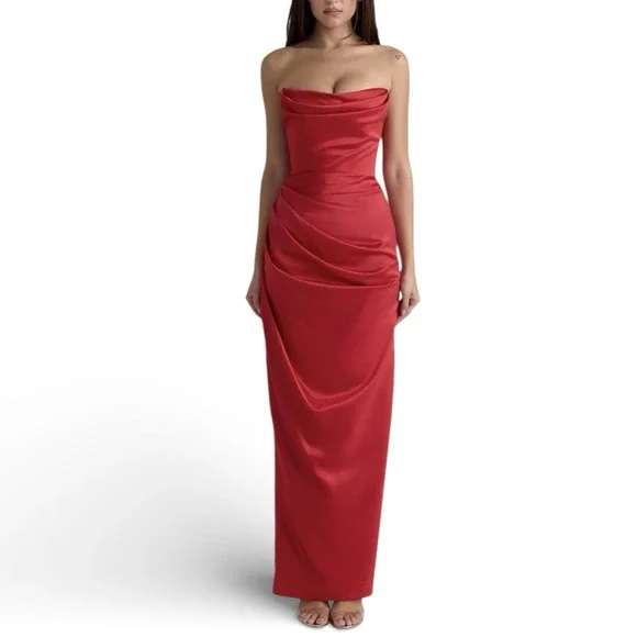 House Of CB Adrienne Satin Stretch Long Strapless Gown Red Small Plus Cup - Picture 2 of 12